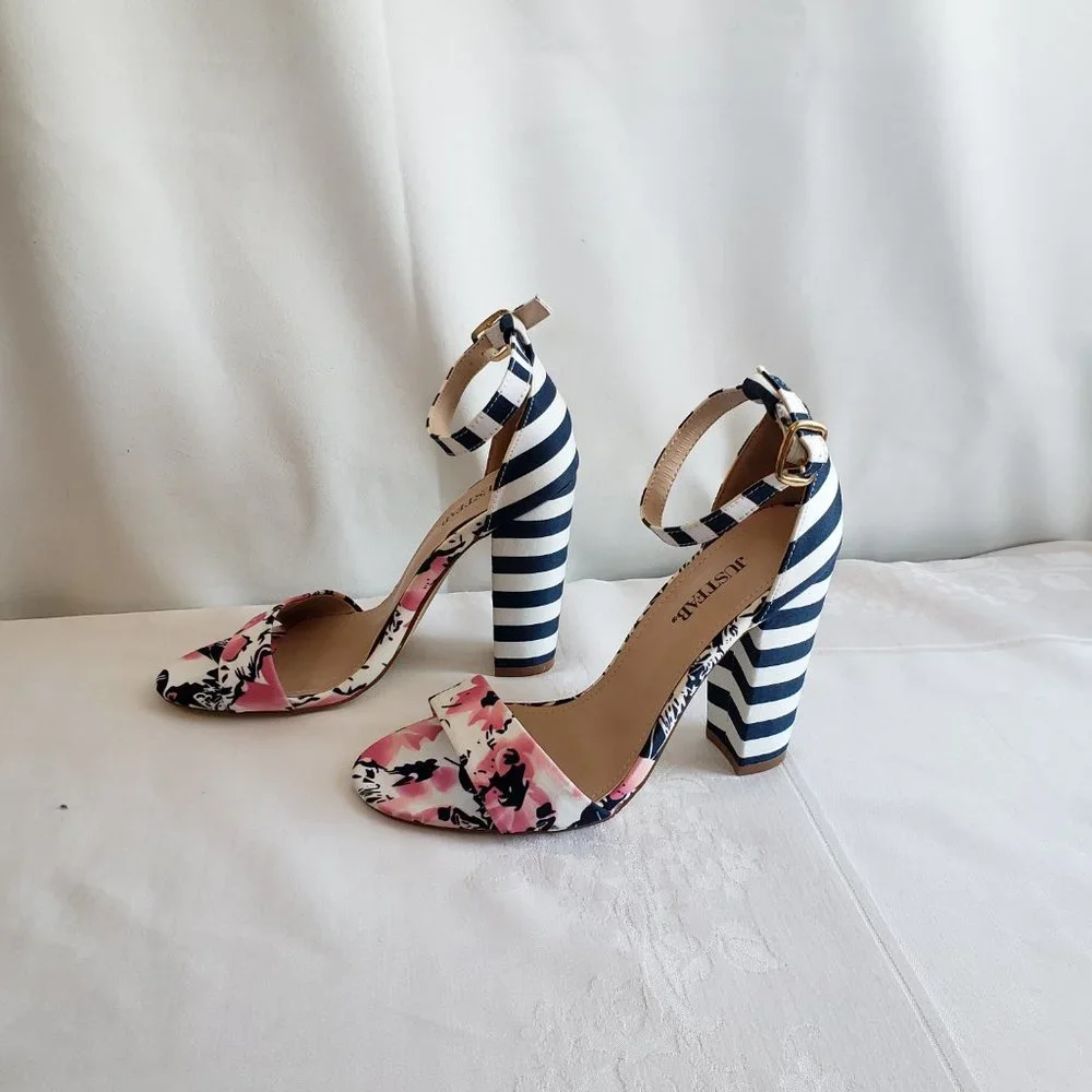 Size 7 JustFab Lena 4" Block heal sandal. Stripes and Floral.  Ankle strap. - Picture 6 of 12